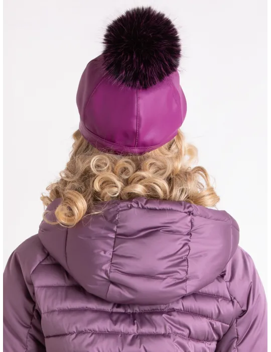 Purple rain-resistant riding cap with pom-pom