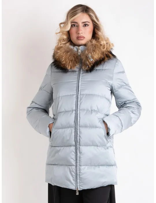 Silver grey formal padded coat with real fur collar