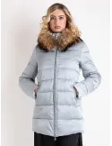 Silver grey formal padded coat with real fur collar