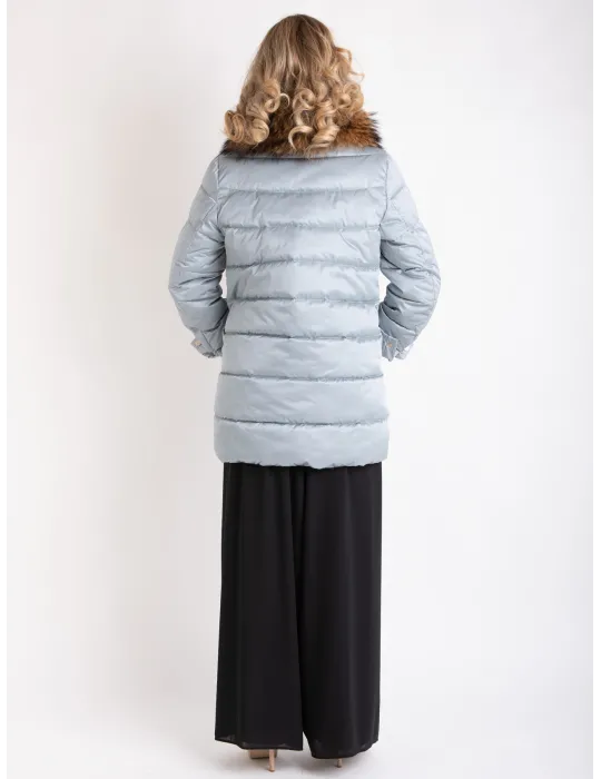 Silver grey formal padded coat with real fur collar