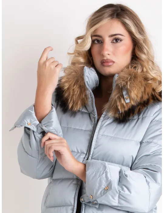 Silver grey formal padded coat with real fur collar