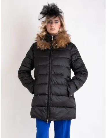 Black padded coat with fur collar Blue Overcoat by Pregio