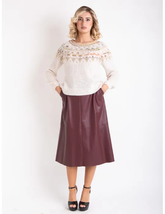 Rubamori Bordeaux Faux Leather A-Line Midi Skirt