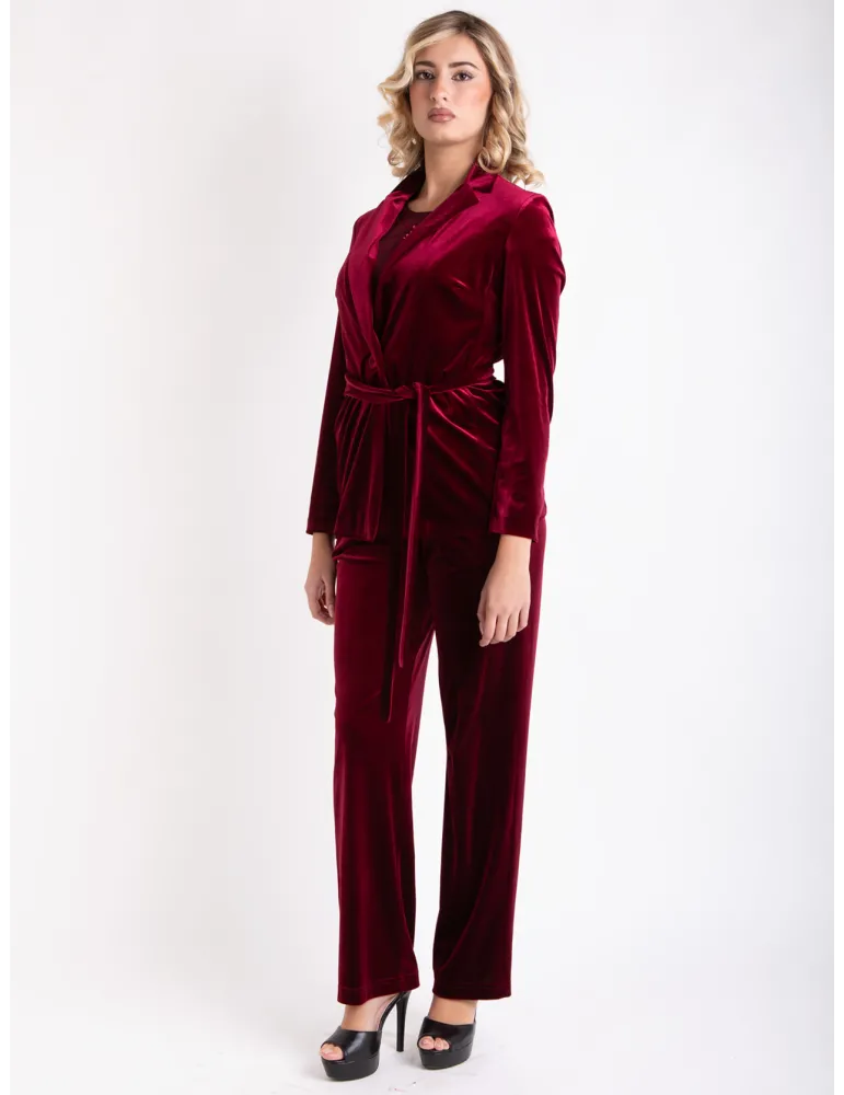 Piero Moretti burgundy velvet tuxedo jacket pantsuit
