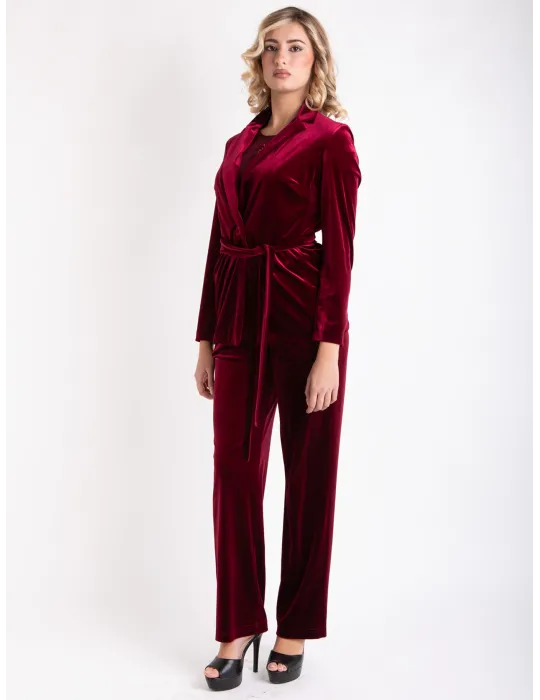 Piero Moretti burgundy velvet tuxedo jacket pantsuit