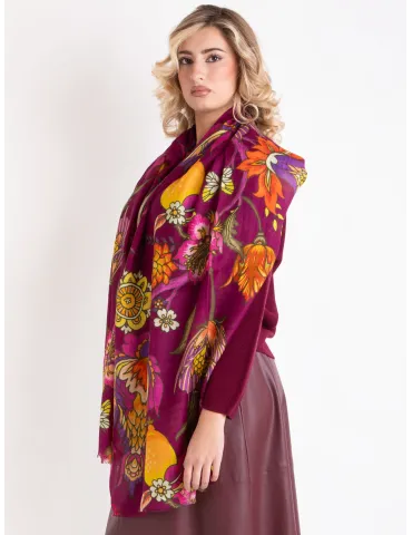 Soft burgundy Wool Scarf Multicolored Flowers by Bissoli