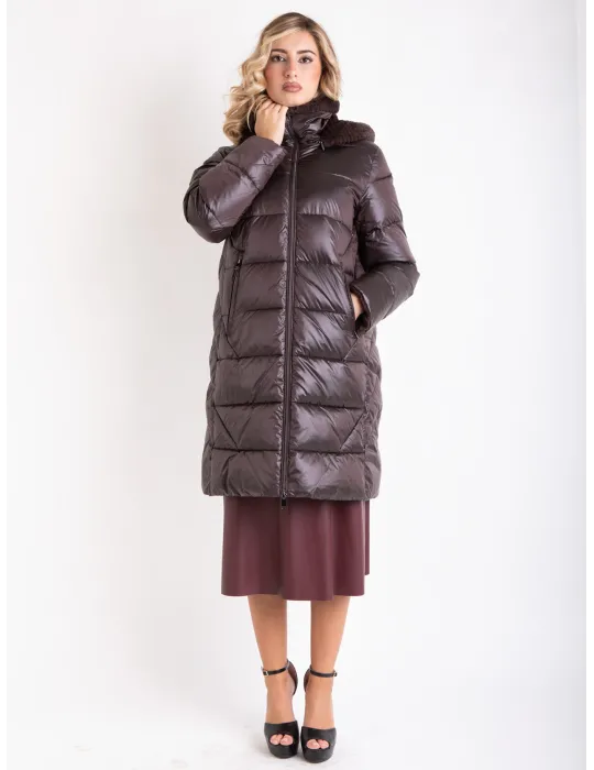 Dark Chocolate silk hooded padded coat with fur details