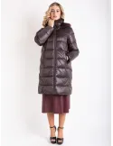 Dark Chocolate silk hooded padded coat with fur details