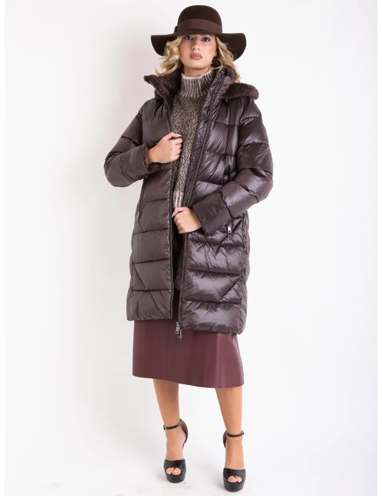 Dark Chocolate silk hooded padded coat with fur details