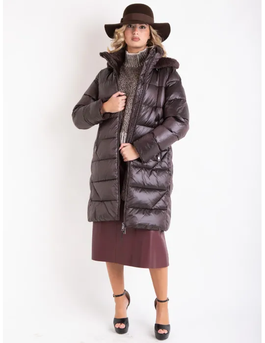 Dark Chocolate silk hooded padded coat with fur details