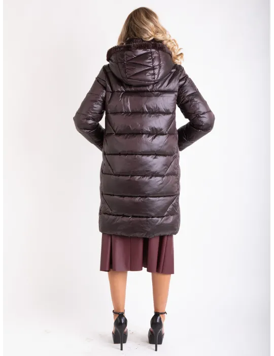 Milestone | Plus size Dark Chocolate silk hooded padded fur coat