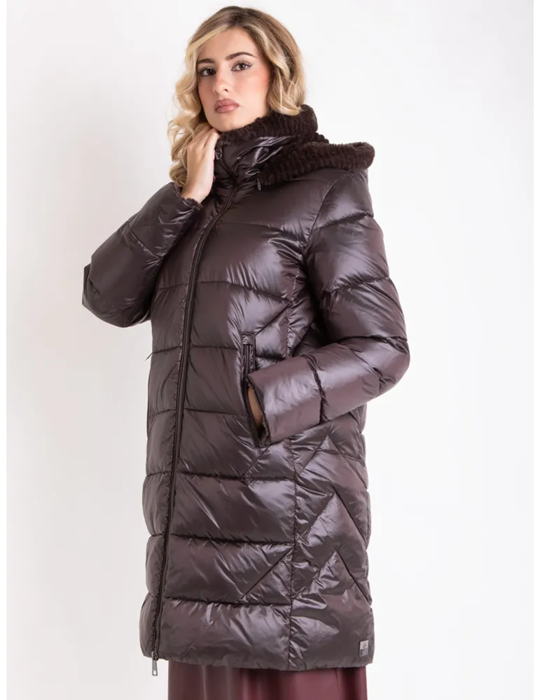 Dark Chocolate silk hooded padded coat with fur details
