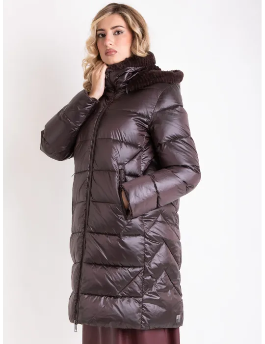 Milestone | Plus size Dark Chocolate silk hooded padded fur coat