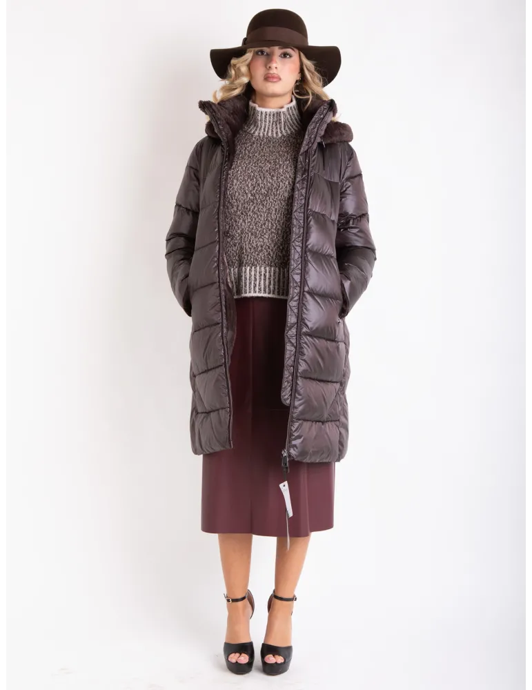 Dark Chocolate silk hooded padded coat with fur details