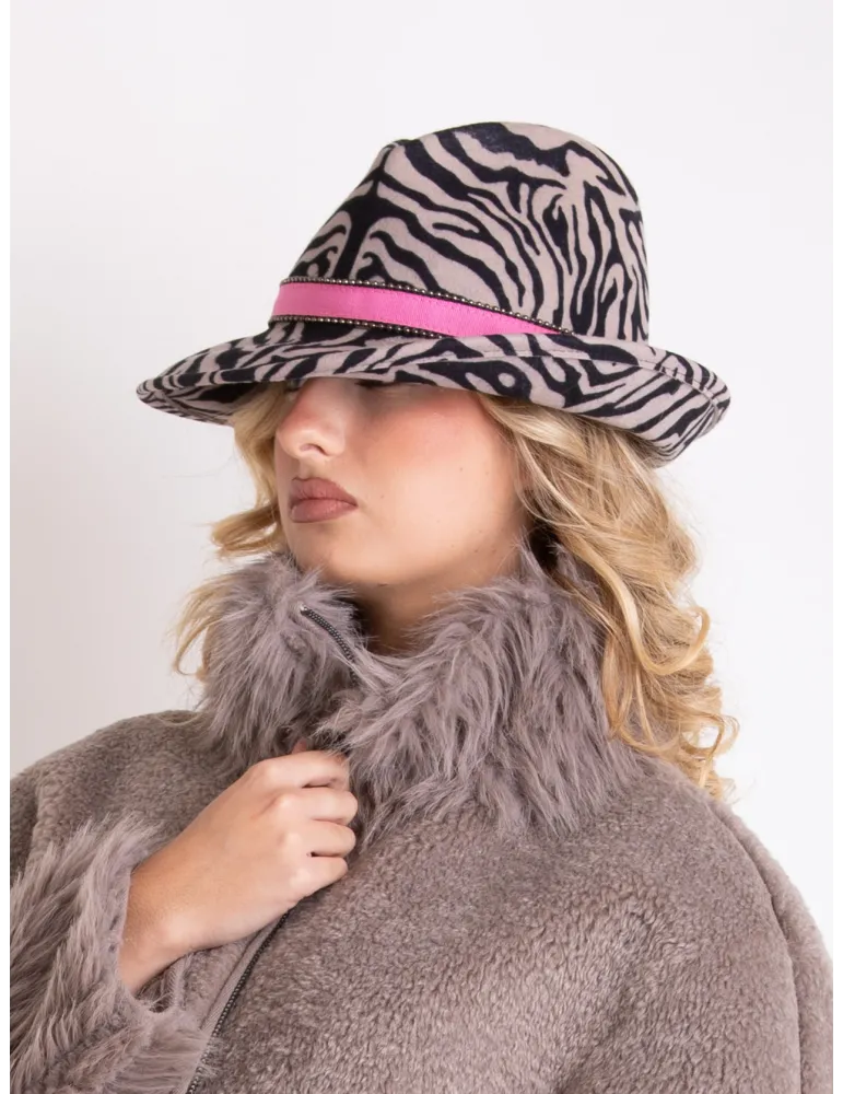 Asymmetrical beige zebra printed wool fedora Jazz hat