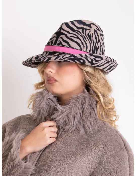 Asymmetrical beige zebra printed wool fedora Jazz hat