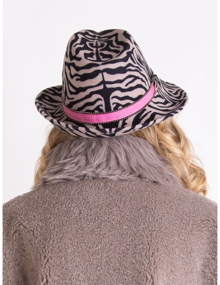 Asymmetrical beige zebra printed wool fedora Jazz hat