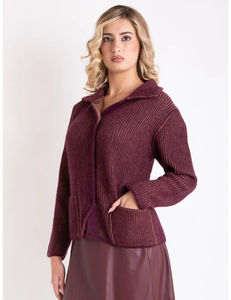 Frida Madè | Bordeaux and brown melange wool thick knitted jacket Frida Madè | Bordeaux and brown melange wool thick knitted jacket