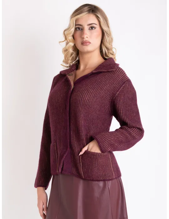 Frida Madè | Bordeaux and brown melange wool thick knitted jacket Frida Madè | Bordeaux and brown melange wool thick knitted jacket
