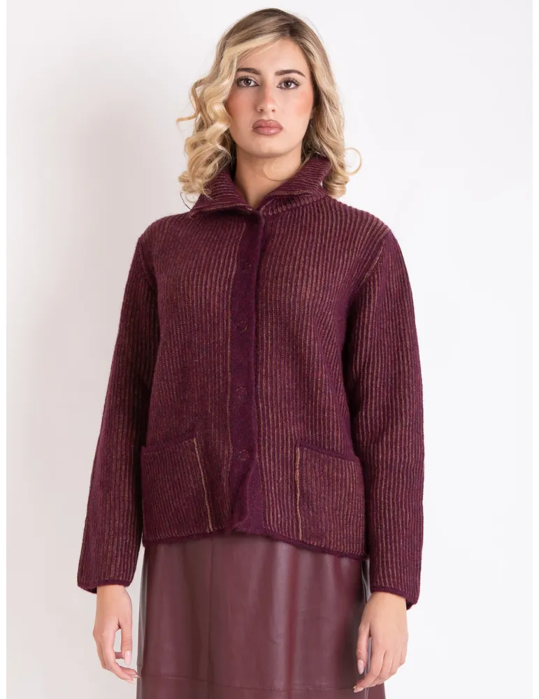 Bordeaux and brown melange chunky wool knitted jacket