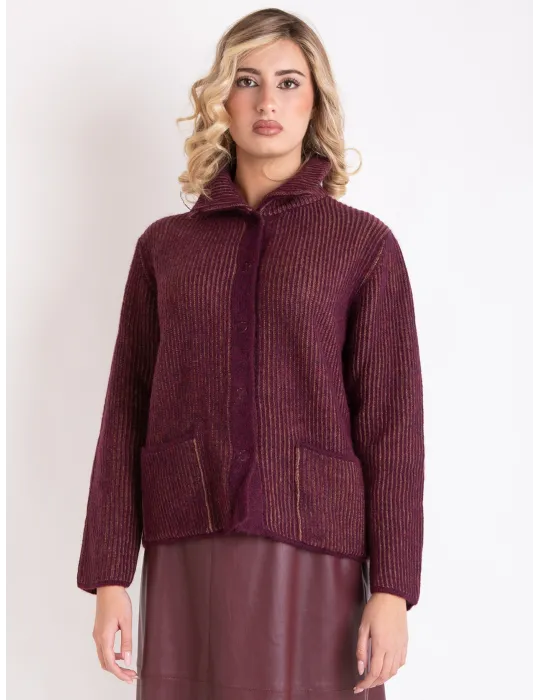 Frida Madè | Cardigan con collo e tasche in lana grossa bordeaux