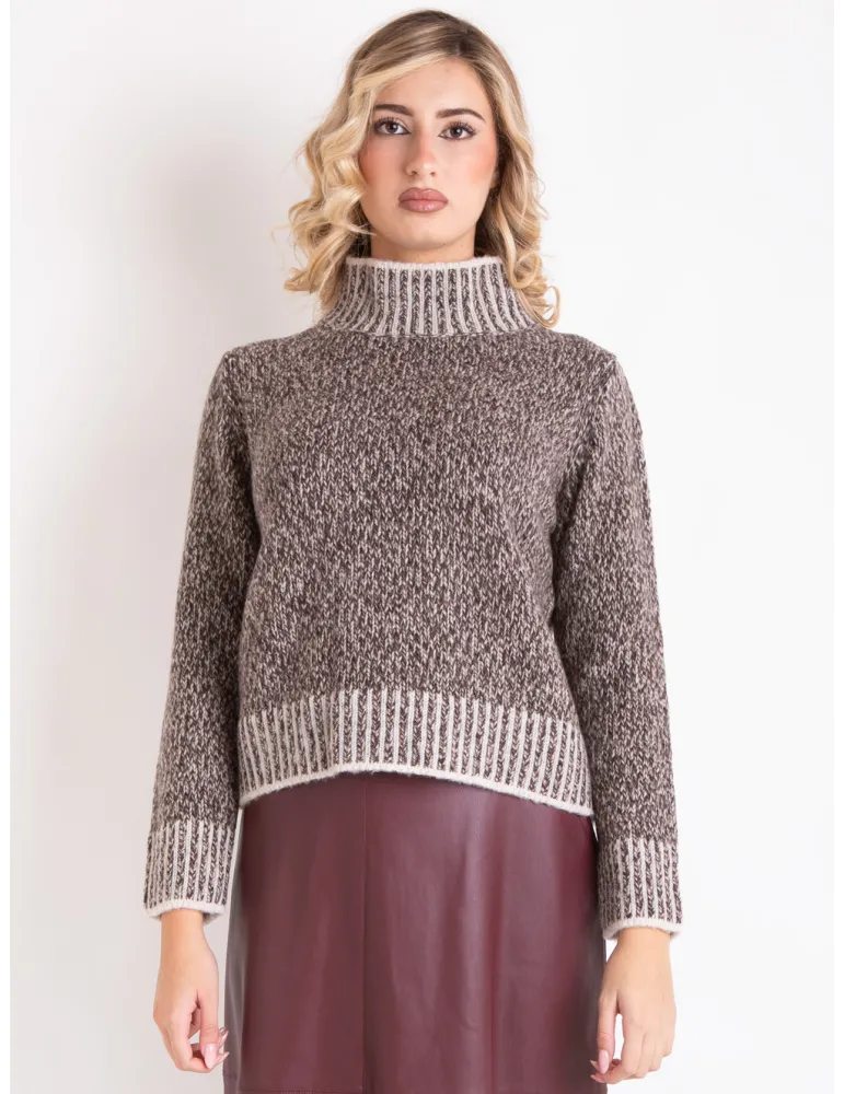 Frida Madè | Maglione dolcevita in lana grossa bianco e marrone