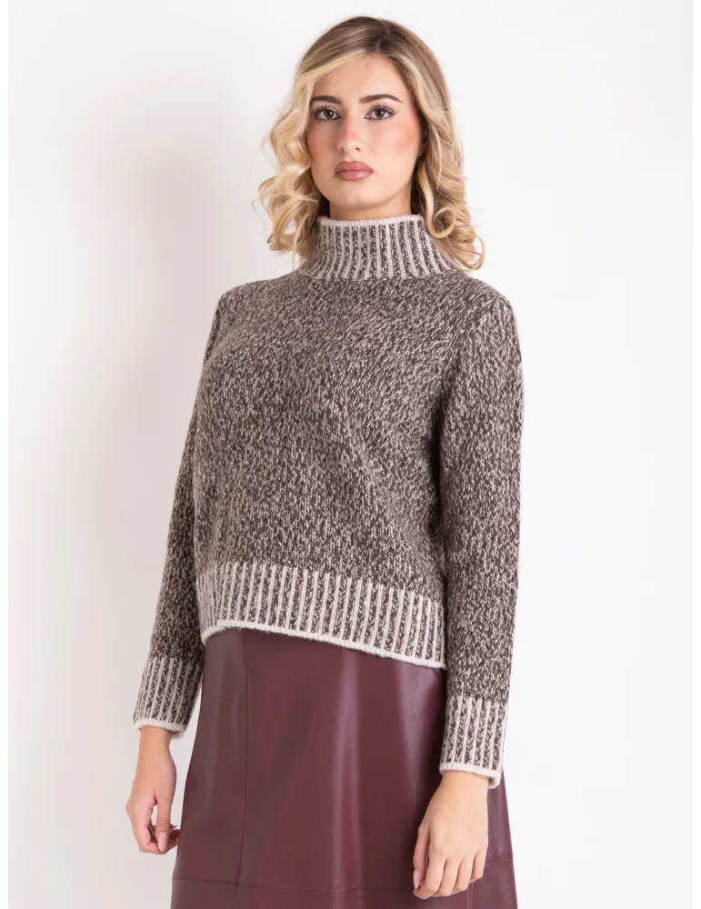 Frida Madè | Maglione dolcevita in lana grossa bianco e marrone