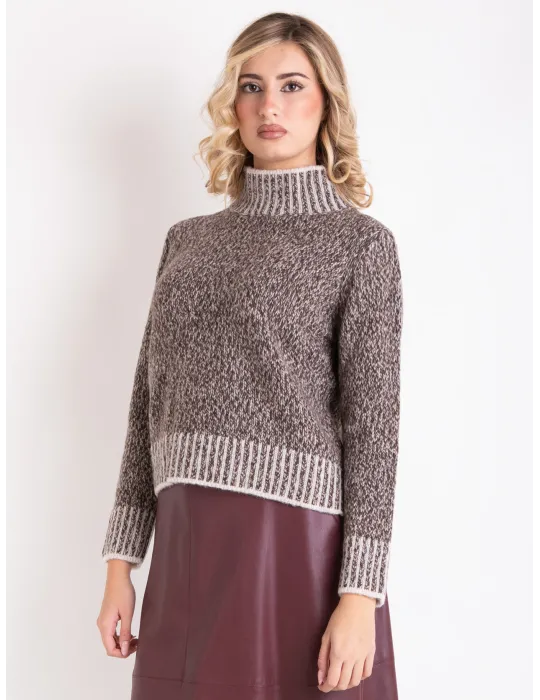 Frida Madè | Maglione dolcevita in lana grossa bianco e marrone