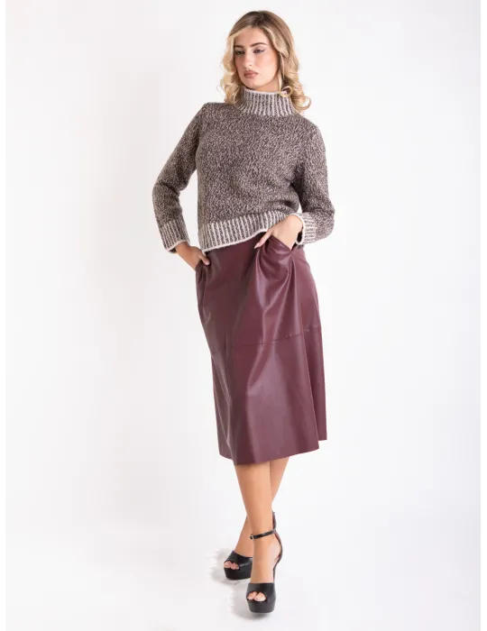 Chunky wool turtleneck sweater in white and brown melange