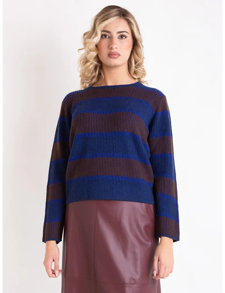 Frida Madè | Maglione a coste marrone e blu lurex in merino e cashmere