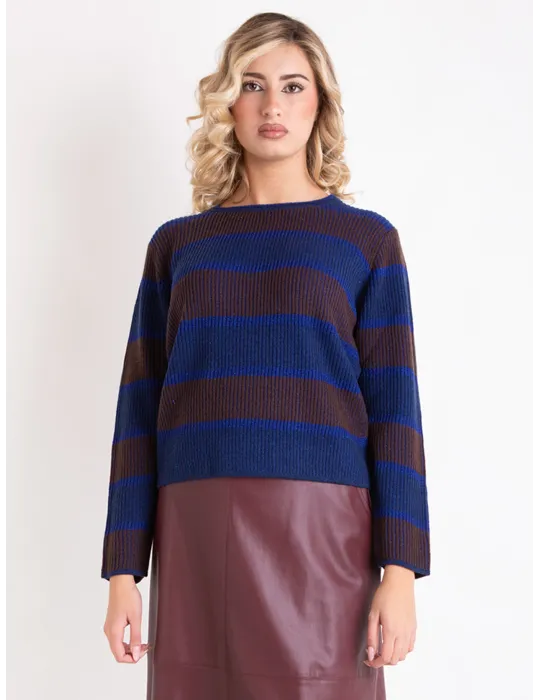 Frida Madè | Maglione a coste marrone e blu lurex in merino e cashmere