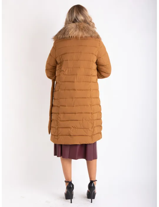 Camel brown formal padded coat with real fur collar