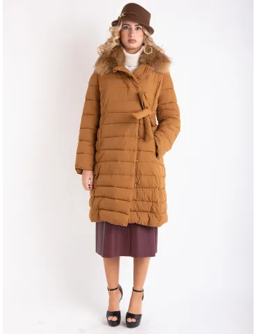Camel brown formal padded coat with real fur collar 2