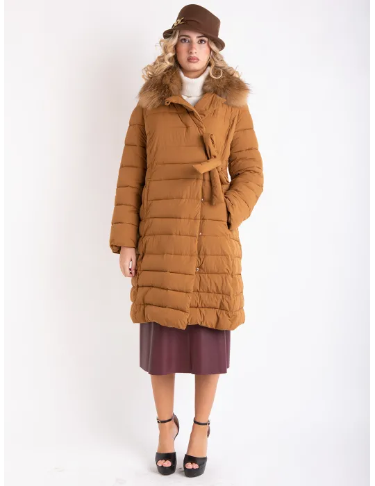 Camel brown formal padded coat with real fur collar