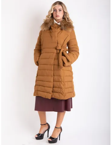Camel brown formal padded coat with real fur collar