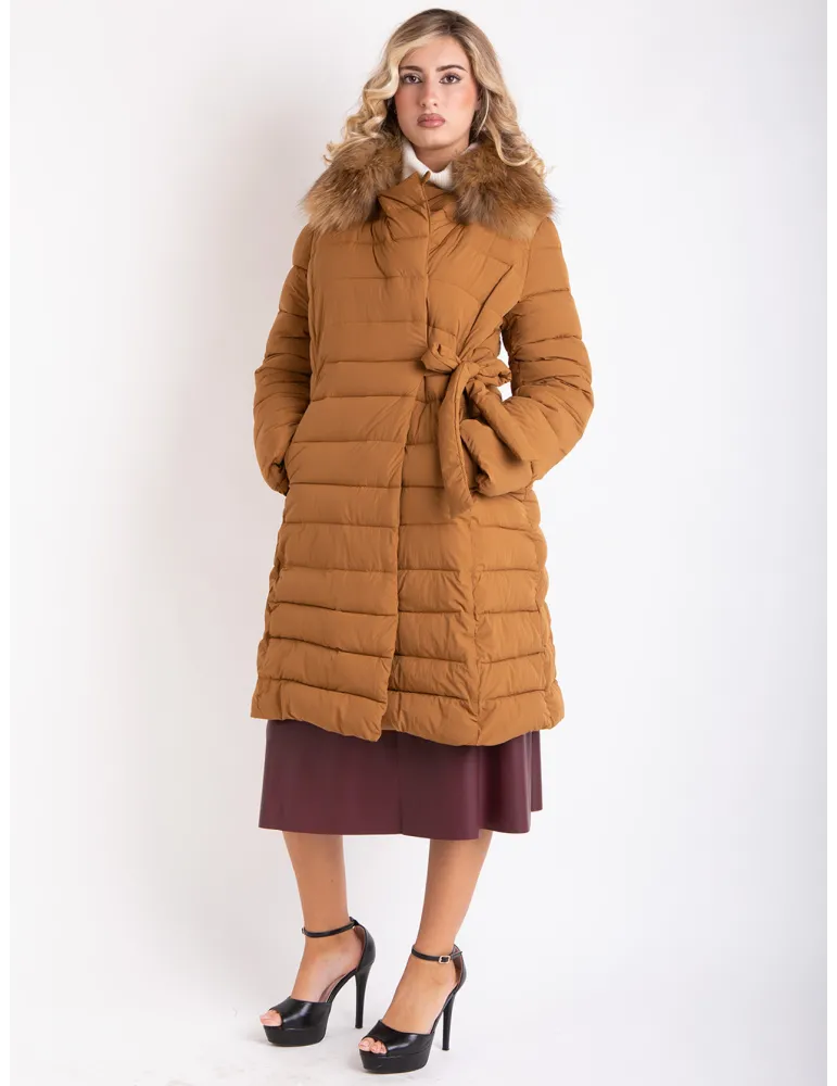 Camel brown formal padded coat with real fur collar