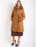 Camel brown formal padded coat with real fur collar