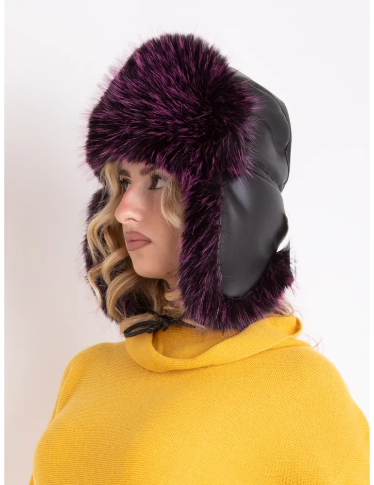 Purple Leather Aviator Hat with Faux Fur Ushanka Flaps
