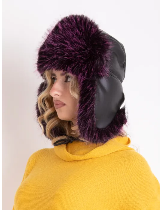 Purple Leather Aviator Hat with Faux Fur Ushanka Flaps
