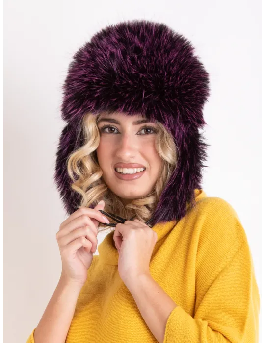 Purple Leather Aviator Hat with Faux Fur Ushanka Flaps
