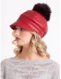 Red rain-resistant riding cap with pom-pom