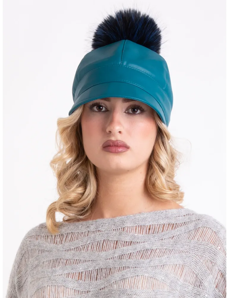 Cappelli donna Complit | Fantino antipioggia pelle con pon-pon pelliccia