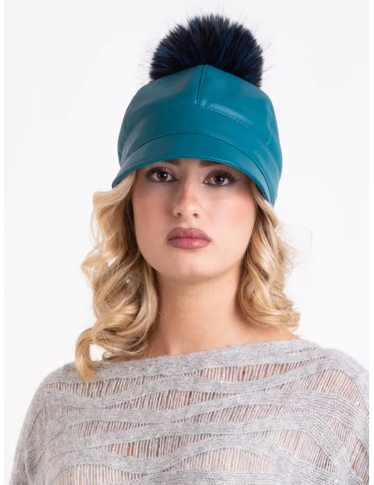 Petrol green rain-resistant riding cap with pom-pom