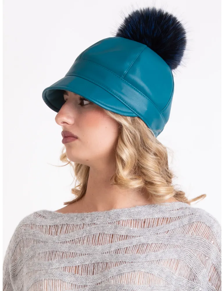 Petrol green rain-resistant riding cap with pom-pom