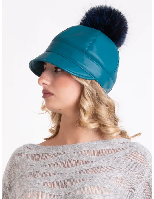 Petrol green rain-resistant riding cap with pom-pom