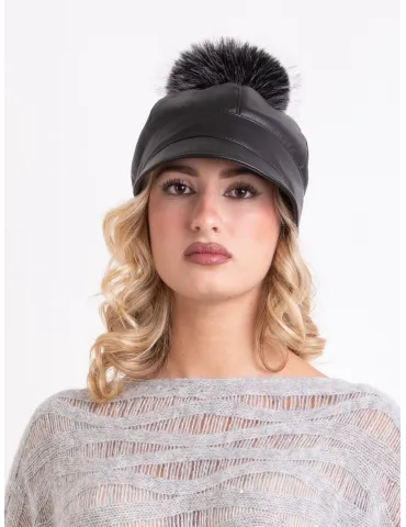 Black faux leather rain-resistant riding cap with pom-pom 2
