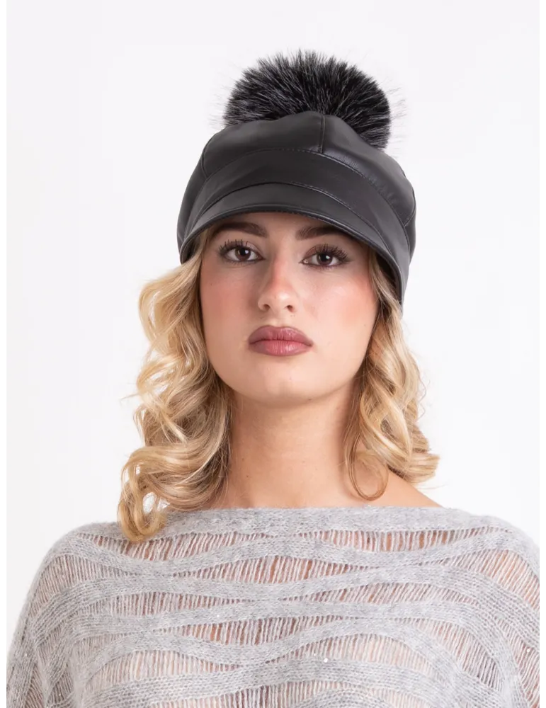 Cappelli donna Complit | Fantino antipioggia pelle con pon-pon pelliccia