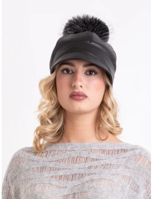 Black faux leather rain-resistant riding cap with pom-pom