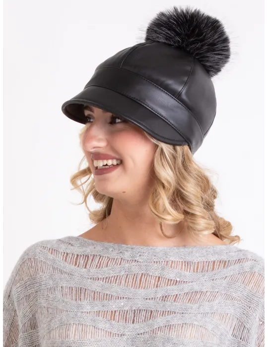 Black faux leather rain-resistant riding cap with pom-pom