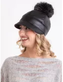 Black faux leather rain-resistant riding cap with pom-pom